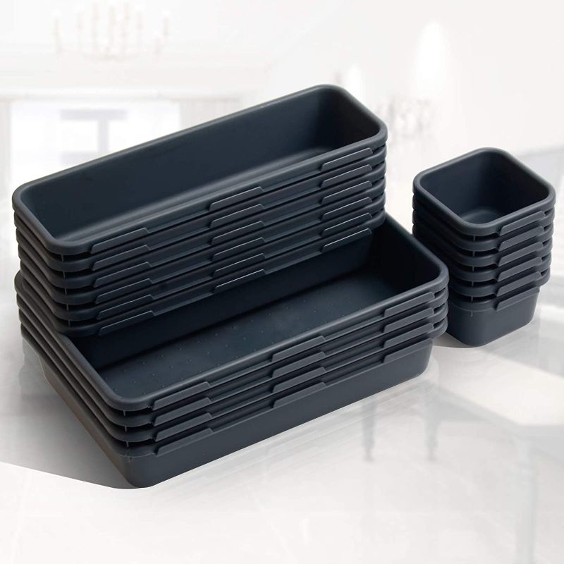Photo 1 of 16 Pack Interlocking Drawer Organizer Tray, Desk Drawer Organizer, Office Drawer Dividers Storage Bins for Kitchen Bathroom Office, 3 Different Sizes, Grey Contains 4 x Large (9.3 x 6.1 x 1.8 inches), 6 x Medium (9.3 x 3.0 x 1.8 inches), 6 x Small?3.0 x 3