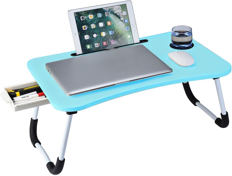 Photo 1 of Lap Desk, Foldable Lap Desk Stand, Multifunction Lap Tablet with Cup Holder Perfect for Perfect for Watching Movie on Bed Or As Personal Dinning Table (Blue)
