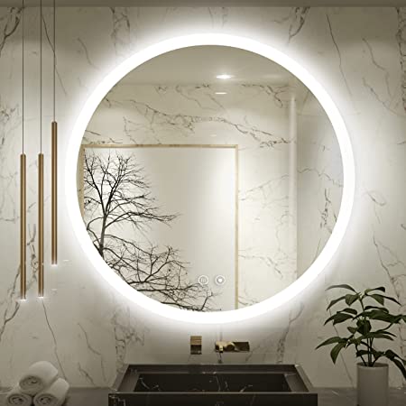 Photo 1 of 32Inch LED Bathroom Mirror Modern Wall Mounted Makeup Mirror Round Bathroom Mirror Dimmable Vanity Mirror Water-Proof Anti-Fog 
