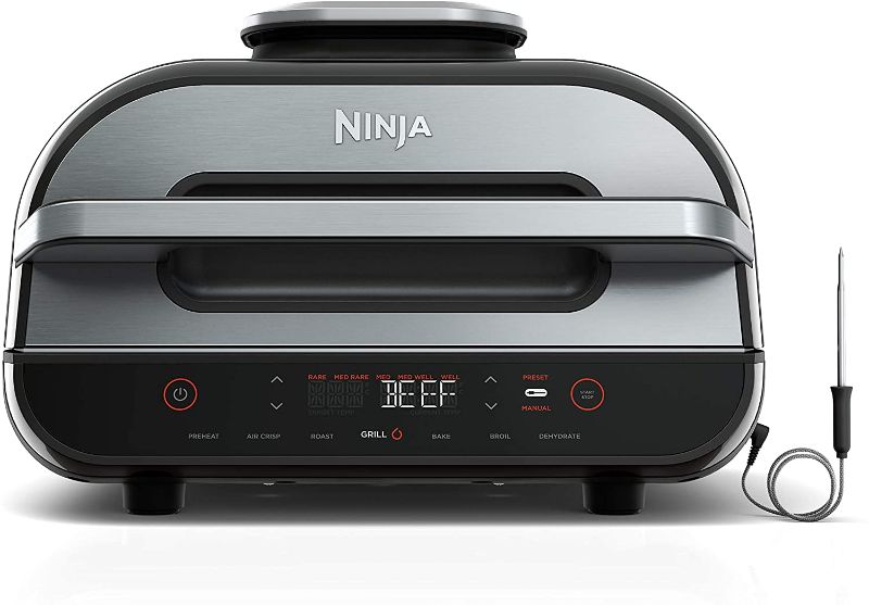 Photo 1 of Ninja FG551 Foodi Smart XL 6-in-1 Indoor Grill with 4-Quart Air Fryer Roast Bake Dehydrate Broil and Leave-In Thermometer, with Extra Large Capacity, and a Stainless Steel Finish
