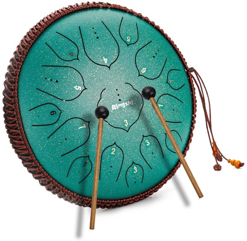 Photo 1 of 14 Inch 15 Note Steel Tongue Drum Qingshi Percussion Instrument Lotus Hand Pan Drum with Drum Mallets Carry Bag?Used for music education concert spiritual healing yoga meditation (Green)
