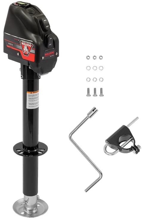 Photo 1 of Bulldog 500199 Powered Drive A-Frame Tongue Jack with Spring Loaded Pull Pin - 4000 lb. Capacity (Black Cover)

