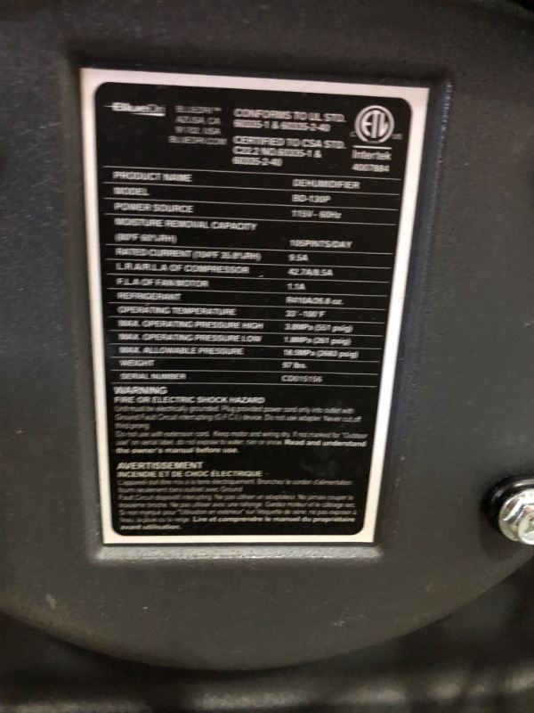 Photo 1 of ***PARTS ONLY*** BlueDri BD-BD-130-BL Industrial Commercial Dehumidifier with Hose for Basements in Homes and Job Sites, Blue

