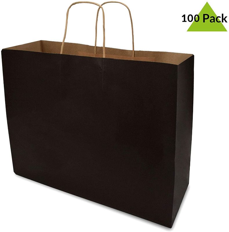 Photo 1 of 16x6x12x6" - Black Kraft Paper Bags with Reinforced Patch Paper Twist Handles for Birthday Parties, Restaurant Take-Outs, Shopping, Merchandise, Party
