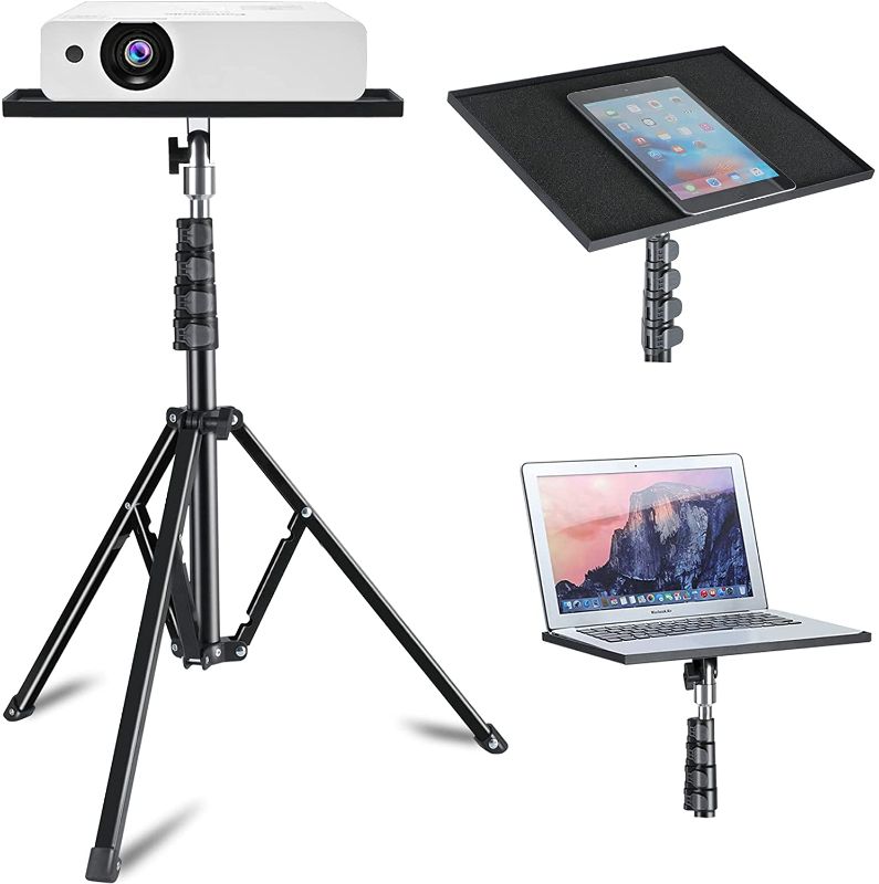 Photo 1 of *projector, iPad and laptop NOT included* 
Xom-shot Projector Tripod Stand, Laptop Stand with Tilted Tray for Computer DJ Racks Equipment Sheet Music Outdoor Movie Screen Adjustable Height Selfie Tripod for Cell Phone, Camera and Gopro
