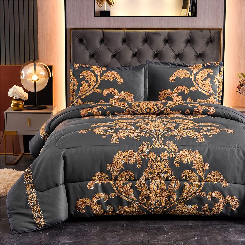 Photo 1 of A Nice Night Paisley Yellow Flower Microfiber Comforter Set, Modern Luxury Design Hotel Style All Season Comforter Set with Pillow Cases(Grey, QUEEN)
