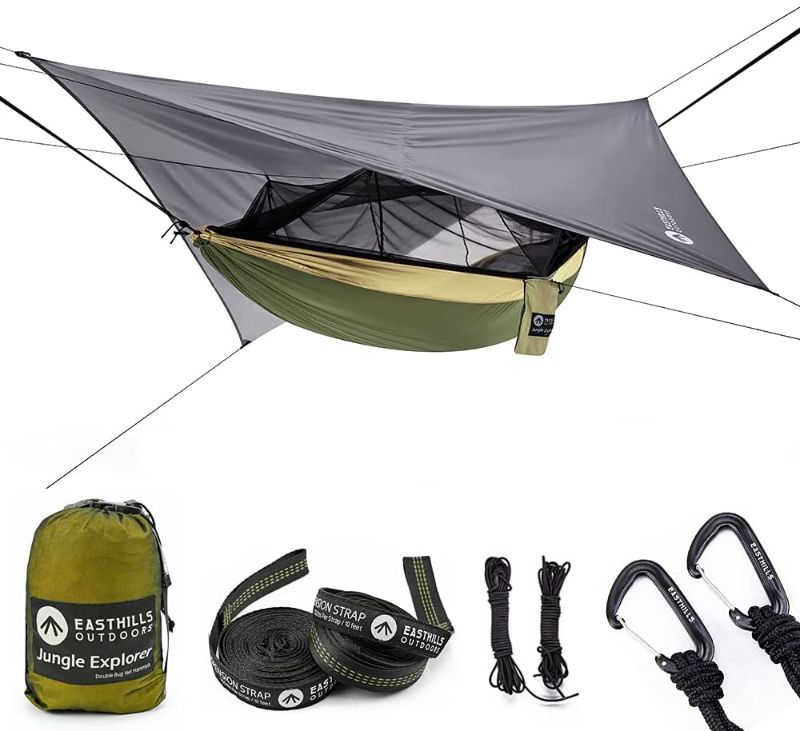 Photo 1 of *refer to stock picture to see what is MISSING*
Easthills Outdoors Jungle Explorer 118" x 79" Double Camping Hammock Lightweight Ripstop Parachute Nylon 2 Person Hammocks with Removable Bug Net, Tree Straps and Tarp Khaki
