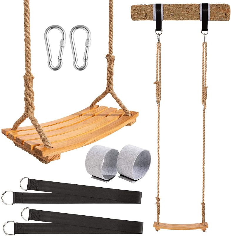 Photo 1 of *SEE last pictures for damage* 
Yangbaga Hanging Tree Swings, Wood Swings Seat 19.7” 9.8” 0.78”to Adult Kids Children with Adjustable Hemp Rope Plus Tree Straps inch and 2 Carabiner Hooks-for Park or Home for Kids
