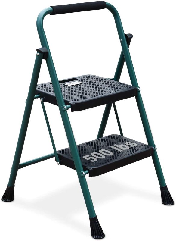 Photo 1 of 2 Step Ladder, Folding Step Stool with Wide Anti-Slip Pedal, Sturdy Steel Ladder, Convenient Handgrip, Lightweight 500lbs Portable Steel Step Stool, Green and Black