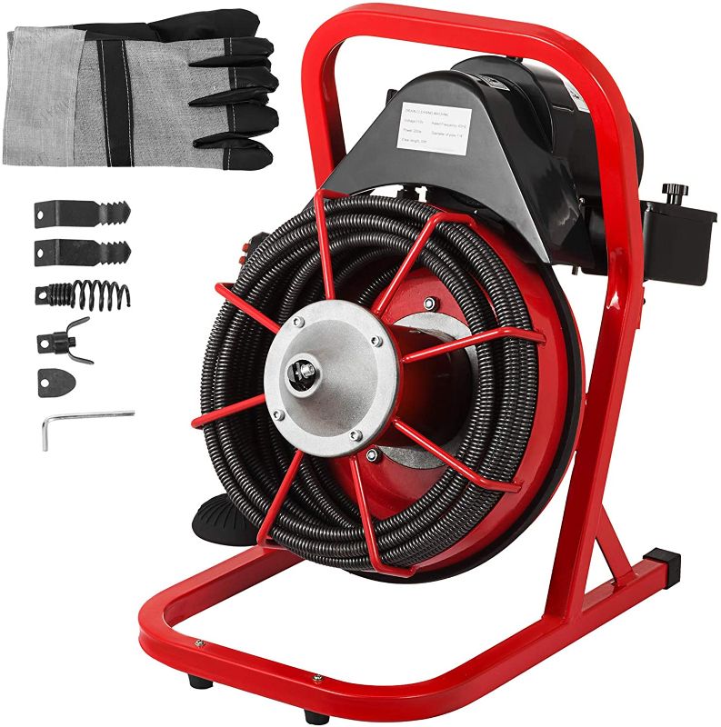 Photo 1 of 50 Ft x 3/8 Inch Drain Cleaner Machine fit 1 Inch (25mm) to 4 Inch(100mm) Pipes 250W Drain Cleaning Machine Portable Electric Drain Auger with Cutters Glove Drain Auger Cleaner Sewer Snake