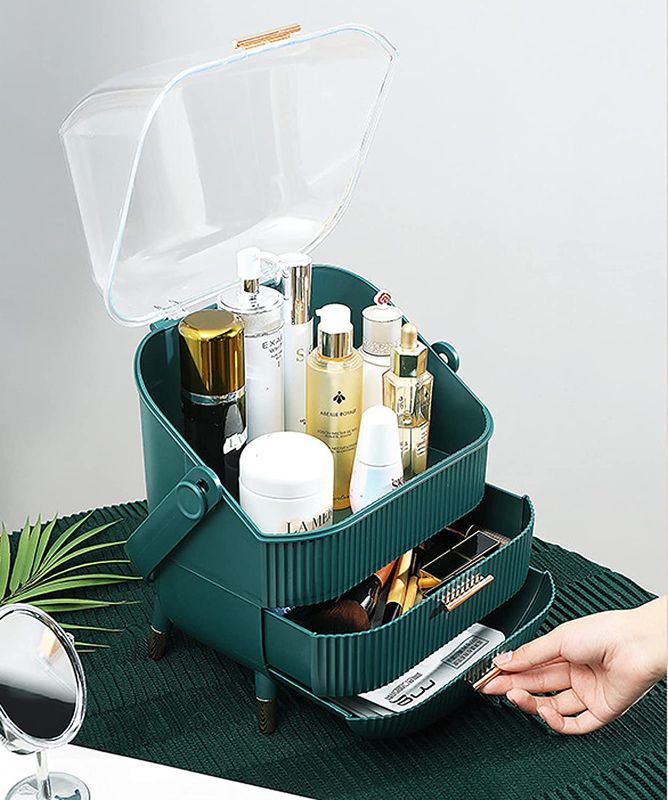 Photo 1 of Makeup Organizer, BIRDBELL Cosmetic Display Cases with Brush and Lipstick Organizer, Dust Water Proof Cosmetics Storage Display skincare Case, Suitable for Bathroom Countertop and Bedroom Vanity Dresser (Green)

