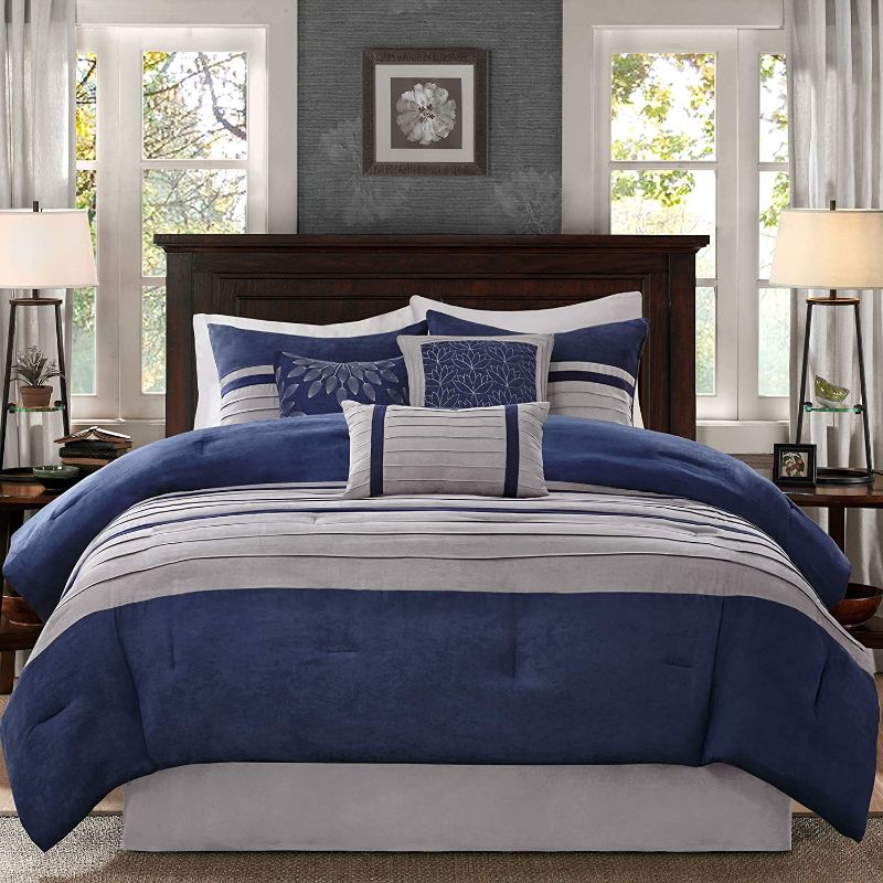 Photo 1 of Madison Park - Palmer 7 Piece Comforter Set - Navy Blue and Gray - Queen - Pieced Microsuede - Includes 1 Comforter, 3 Decorative Pillows, 1 Bed Skirt, 2 Shams
