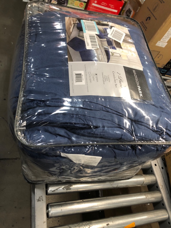 Photo 1 of Madison Park - Palmer 7 Piece Comforter Set - Navy Blue and Gray - Queen - Pieced Microsuede - Includes 1 Comforter, 3 Decorative Pillows, 1 Bed Skirt, 2 Shams
