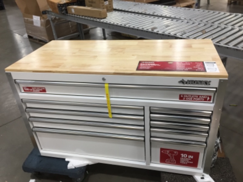Photo 4 of 
Husky
52 in. W x 24.5 in. D 10-Drawer White Mobile Workbench with Solid Wood Top
//POWER BUTTON IS DAMAGED, SEE PICTURE 
