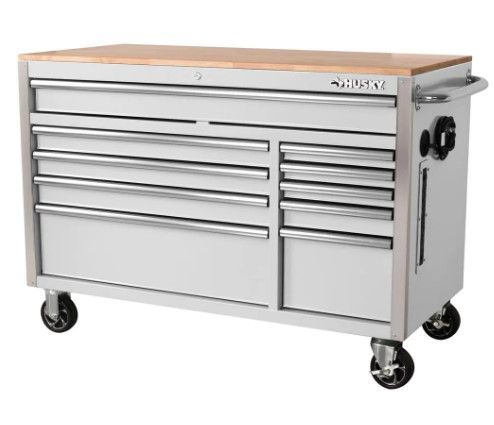 Photo 1 of 
Husky
52 in. W x 24.5 in. D 10-Drawer White Mobile Workbench with Solid Wood Top
//POWER BUTTON IS DAMAGED, SEE PICTURE 