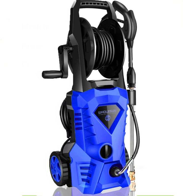 Photo 1 of (water still inside machine) 
WHOLESUN 3000PSI Electric Pressure Washer 2.4GPM 1600W Power Washer with Hose Reel and Brush Blue
