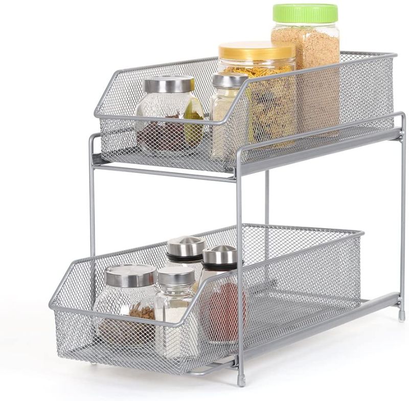 Photo 1 of 2 Tier Sliding Cabinet Basket Organizer Drawer, Mesh Storage Organizer with Pull Out Drawers for Countertop, Cabinet, Pantry, Under The Sink, Desktop
