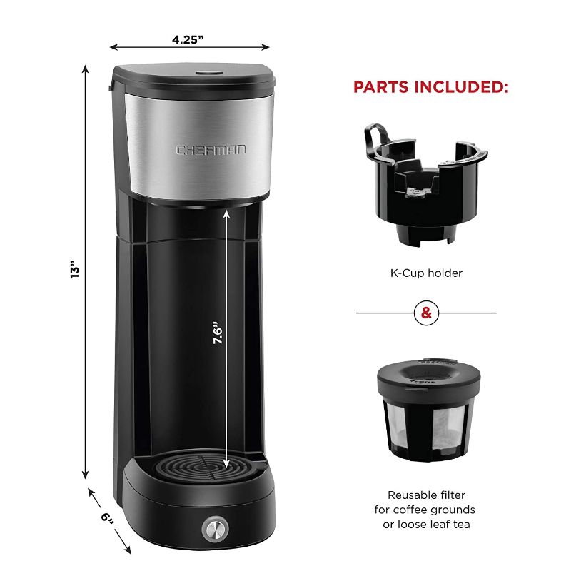 Photo 1 of CHEFMAN Single Serve One Cup Coffee Maker, up to 14 Oz, InstaCoffee Brews in 30 Seconds, Compatible with K Cup Pods, Grounds & Loose-Leaf Tea, Reusable Filter, Black/Stainless Steel (Mug Not Included)
