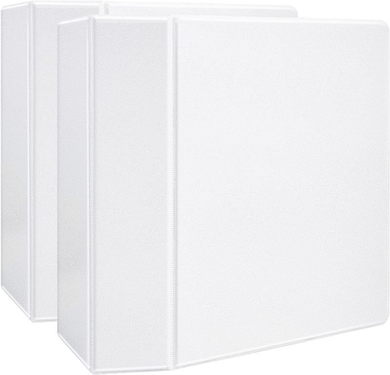 Photo 1 of Amazon Basics Heavy-Duty 3 Ring Binder, Customizable View Binder with 5 Inch D-Ring, One -Touch Slant Ring, White, 2-Pack
