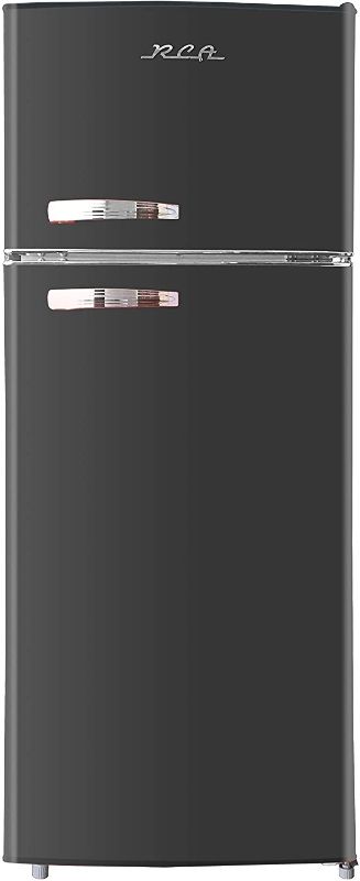 Photo 1 of *SEE last picture for damage*
RCA RFR786-BLACK 2 Door Apartment Size Refrigerator with Freezer, 7.5 cu. ft, Retro Black
