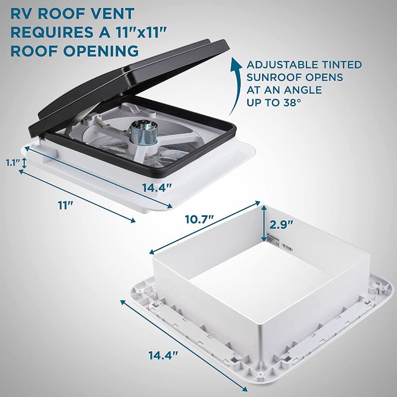 Photo 1 of *MISSING manual and hardware* 
Hike Crew 11” RV Roof Vent Fan | 12V Motorhome Vent Fan | Intake & Exhaust, Manual Open/Close & White Lid | Includes Screws & Garnish
