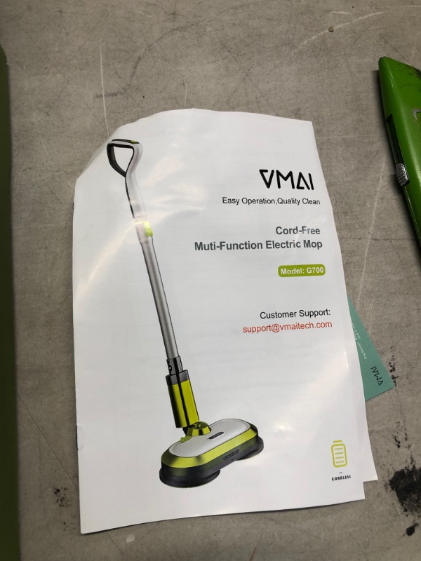 Photo 5 of *USED*
*MISSING battery and charging cord*
VMAI Cordless Electric Spin Mop with LED Headlight and Water Spray, Up to 60 mins Powerful Floor Cleaner with 300ml Water Tank, Polisher for Hardwood, Tile Floors, Quiet Cleaning & Waxing
