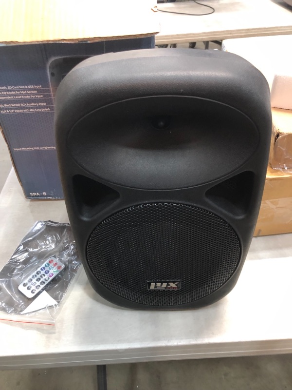 Photo 1 of *MISSING cord*
LyxPro SPA-8 Compact 8" Portable PA System 100-Watt RMS Power Active Speaker System Equalizer Bluetooth SD Slot USB MP3 XLR 1/4" 1/8" 3.5mm Inputs

