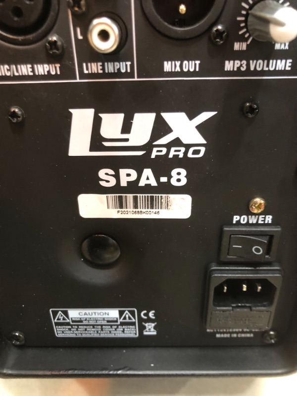 Photo 5 of *MISSING cord*
LyxPro SPA-8 Compact 8" Portable PA System 100-Watt RMS Power Active Speaker System Equalizer Bluetooth SD Slot USB MP3 XLR 1/4" 1/8" 3.5mm Inputs
