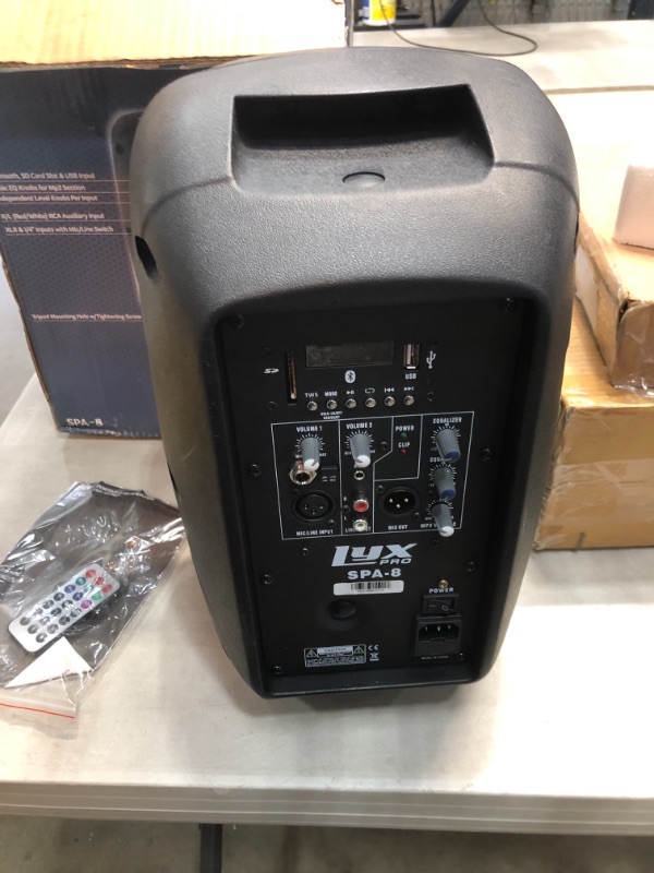 Photo 1 of *MISSING cord*
LyxPro SPA-8 Compact 8" Portable PA System 100-Watt RMS Power Active Speaker System Equalizer Bluetooth SD Slot USB MP3 XLR 1/4" 1/8" 3.5mm Inputs
