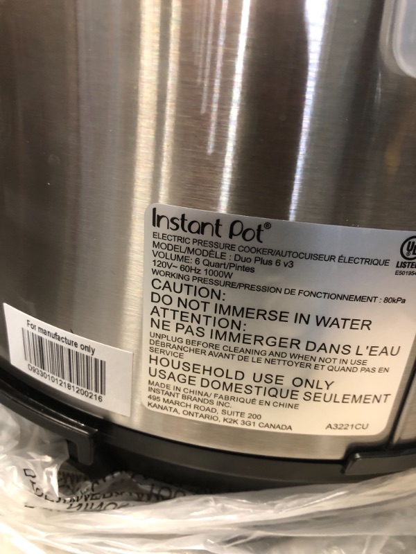 Photo 5 of *plugged in item DID NOT turn on* 
Instant Pot Duo Plus 6 qt 9-in-1 Slow Cooker/Pressure Cooker