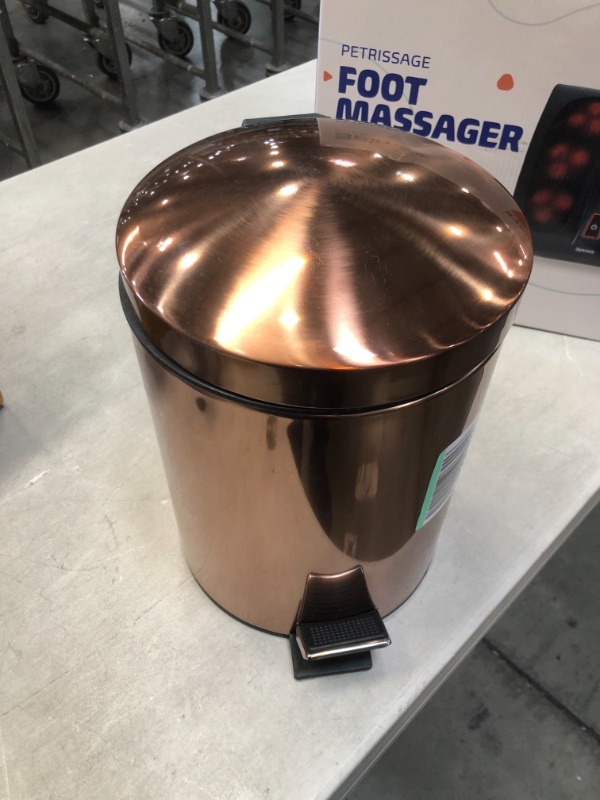 Photo 2 of *SEE last picture for damage*
mDesign Modern 1.3 Gallon Round Small Metal Step Trash Can - Removable Liner Bucket - Rose Gold
