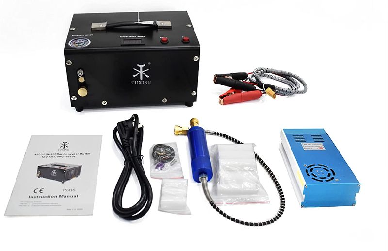 Photo 1 of *MISSING manual and blue box (shown in shock photo)*
TUXING TXET061-1 4500Psi PCP Air Compressor, Oil/Water-Free, PCP Rifle/Pistol and Paintball Tank Air Pump, Powered by 12V Car DC or Home 110V AC with Power Converter and Built-in Water Oil Filter

