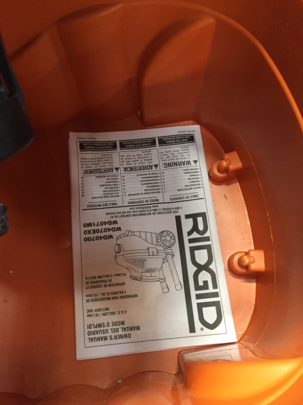 Photo 4 of *USED*
*MISSING filter and 1 accessory piece* 
RIDGID 4 Gallon 5.0-Peak HP Portable Wet/Dry Shop Vacuum with Fine Dust Filter, Hose and Accessories