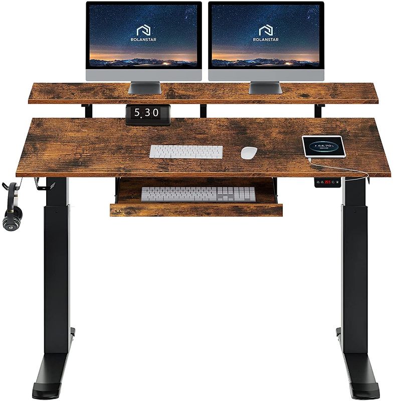 Photo 1 of Rolanstar Standing Desk Dual Motor with USB Charging Ports, 55" Adjustable Height Desk with Keyboard Tray and Monitor Shelf missing some wood shown in the stock photo