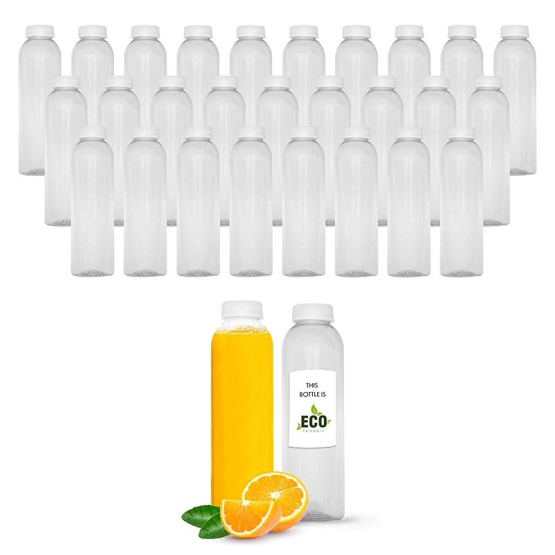 Photo 1 of 16 OZ Empty Eco Friendly Round PET Plastic Juice Bottles - Pack of 27 Reusable Clear Disposable Milk Bulk Containers with White Tamper Evident Caps Lids
