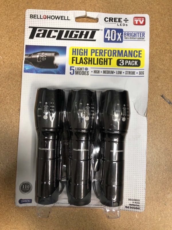 Photo 1 of TACLIGHT FLASHLIGHT As Seen On TV Set of 3 by Bell and Howell LED Tactical Flash light Shock Water Resistant Military Grade Ultra Bright with 5 Modes and Zoom Function (40x Brighter) Black
