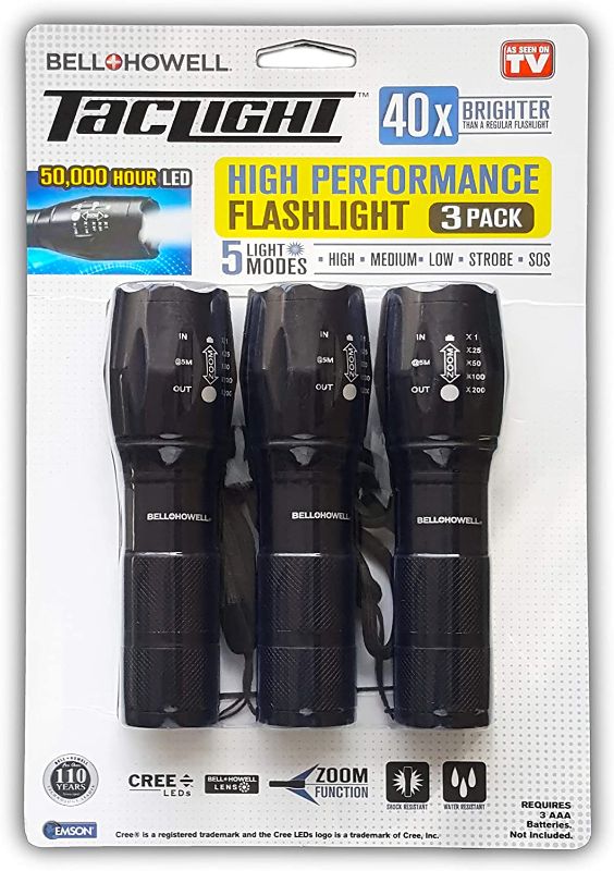 Photo 1 of TACLIGHT FLASHLIGHT As Seen On TV Set of 3 by Bell and Howell LED Tactical Flash light Shock Water Resistant Military Grade Ultra Bright with 5 Modes and Zoom Function (40x Brighter) Black
