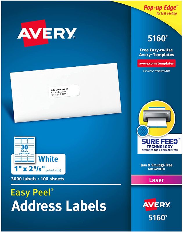 Photo 1 of AVERY 5160 Easy Peel Address Labels , White, 1 x 2-5/8 Inch, 3,000 Count (Pack of 1)
