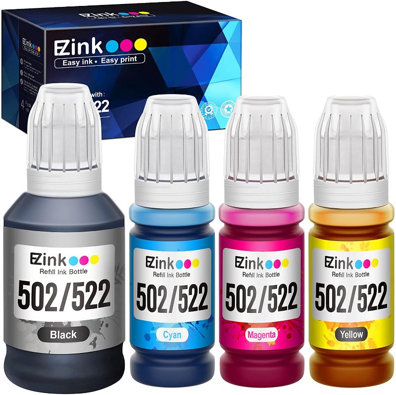 Photo 1 of E-Z Ink (TM) Compatible Ink Bottle Replacement for Epson 502 T502 High Yield to use with ET-15000 ET-2760,ET-3710,ET-2750,ET-3700,ET-4760,ET-3750,ET-3760 Printer (Black, Cyan, Magenta, Yellow, 4 Pack)
