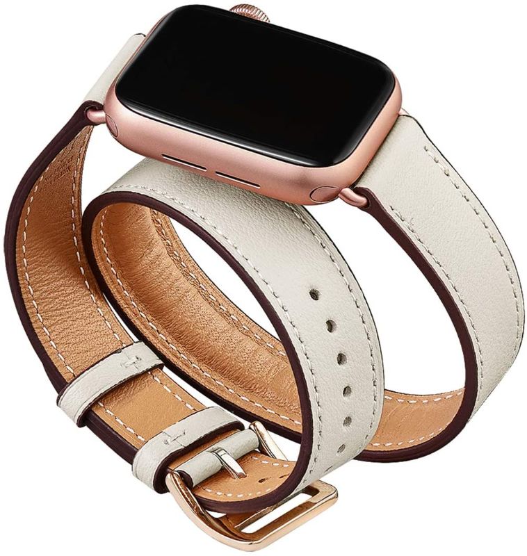 Photo 1 of OMIU Band Compatible for Apple Watch 38mm 40mm 41mm 42mm 44mm 45mm, Leather Double Tour Smart Watch Wristband Compatible for Women Men iWatch Series 7/65/4/3/2/1/SE ((Ivory White/Rose Gold)
