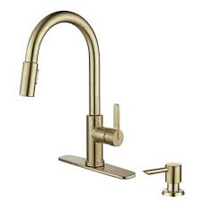 Photo 1 of Paulina Single-Handle Pull-Down Sprayer Kitchen Faucet with TurboSpray & FastMount Includes Soap Dispenser in Matte Gold
