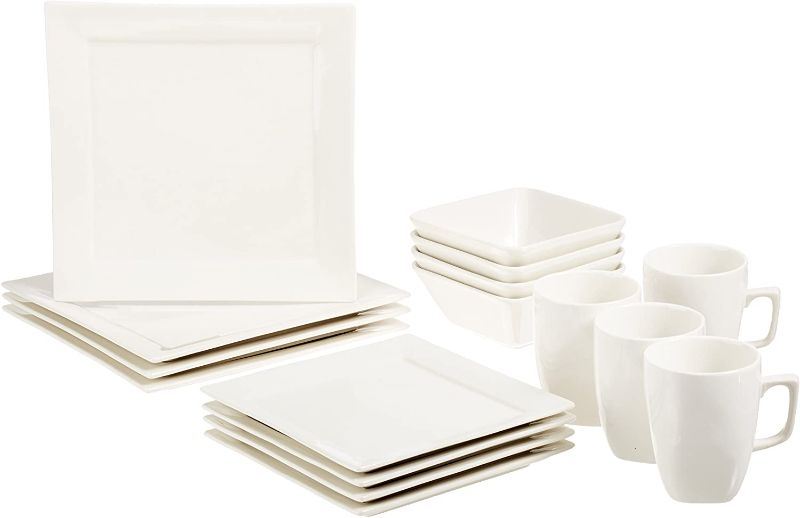 Photo 1 of Amazon Basics 16-Piece Classic White Kitchen Dinnerware Set, Square Plates, Bowls, Service for 4
