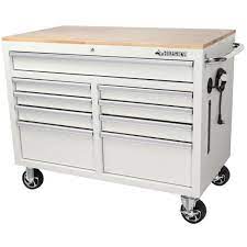 Photo 1 of 46 in. W x 24.5 in. D 9-Drawer Gloss White Deep Tool Chest Mobile Workbench with Hardwood Top
