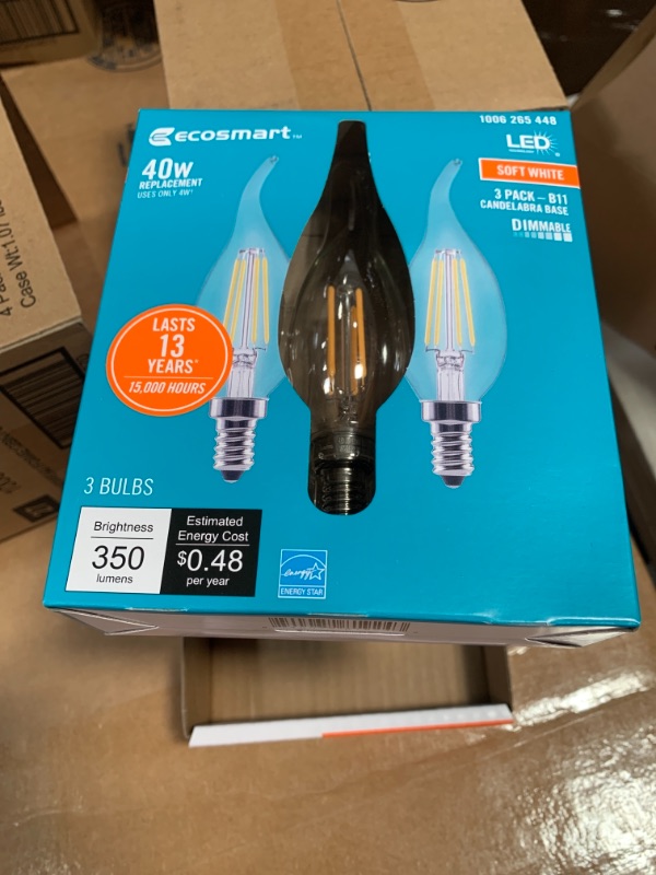 Photo 2 of 40-Watt Equivalent B11 Dimmable Flame Bent Tip Clear Glass Filament LED Vintage Edison Light Bulb Soft White (4 3-Pack)
