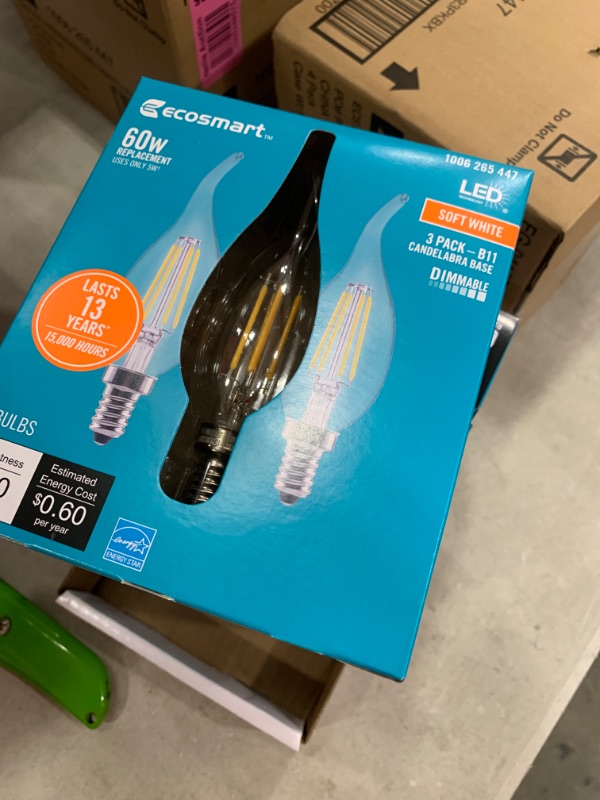 Photo 1 of 60-Watt Equivalent B11 Dimmable Flame Bent Tip Clear Glass Filament LED Vintage Edison Light Bulb Soft White (4 3-Pack)
