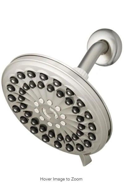 Photo 1 of 6-Spray Patterns 7 in. Drencher Wall Mount Adjustable Fixed Shower Head in Brushed Nickle 
PREVIOUSLY OPENED DAMAGED PLEASE SEE PHOTOS, MOUNTING HARDWARE MISSING, SHOWER HEAD ONLY 