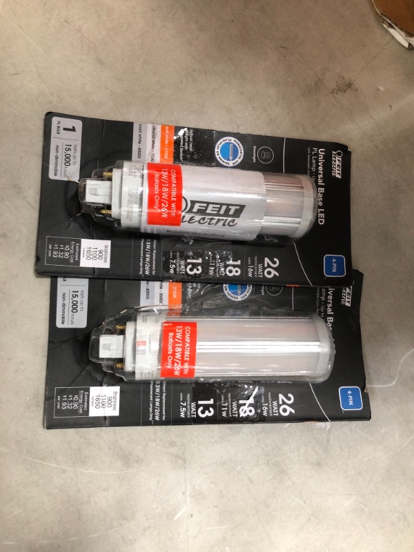 Photo 1 of 13-Watt/18-Watt/26-Watt Equivalent PL Horizontal 4-Pin Universal Color Select(2700K,3500K,4100K) LED Light Bulb (1-Bulb)
(2 BOXES) PLEASE SEE PHOTOS 
AS IS USED 