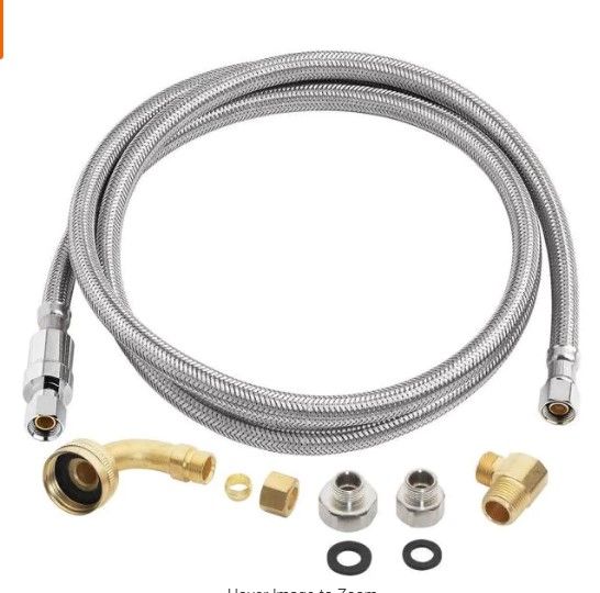 Photo 1 of 3/8 in. x 3/8 in. x 72 in. Universal SS Dishwasher Connector (Inclusive of 3/8 in. Mip and 3/4 in. GHT Adapters)
MISSING HARDWARE, ONLY INCLUDES THE HOSE, PLEASE SEE PHOTOS
