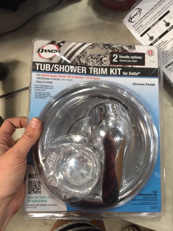 Photo 2 of 1-Handle Valve Trim Kit in Chrome for Delta Tub/Shower Faucets (Valve Not Included)
PREVIOUSLY OPENED, HARDWARE NOT IN ORIGINAL PACKAGING PLEASE SEE PHOTOS 