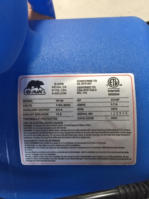 Photo 5 of VP-20 1/5 HP Air Mover for Water Damage Restoration Carpet Dryer Floor Blower Fan Home and Plumbing Use in Blue
AS IS USED, MINOR COSMETIC DAMAGE FROM PREVIOUS USE, PLEASE SEE PHOTOS 